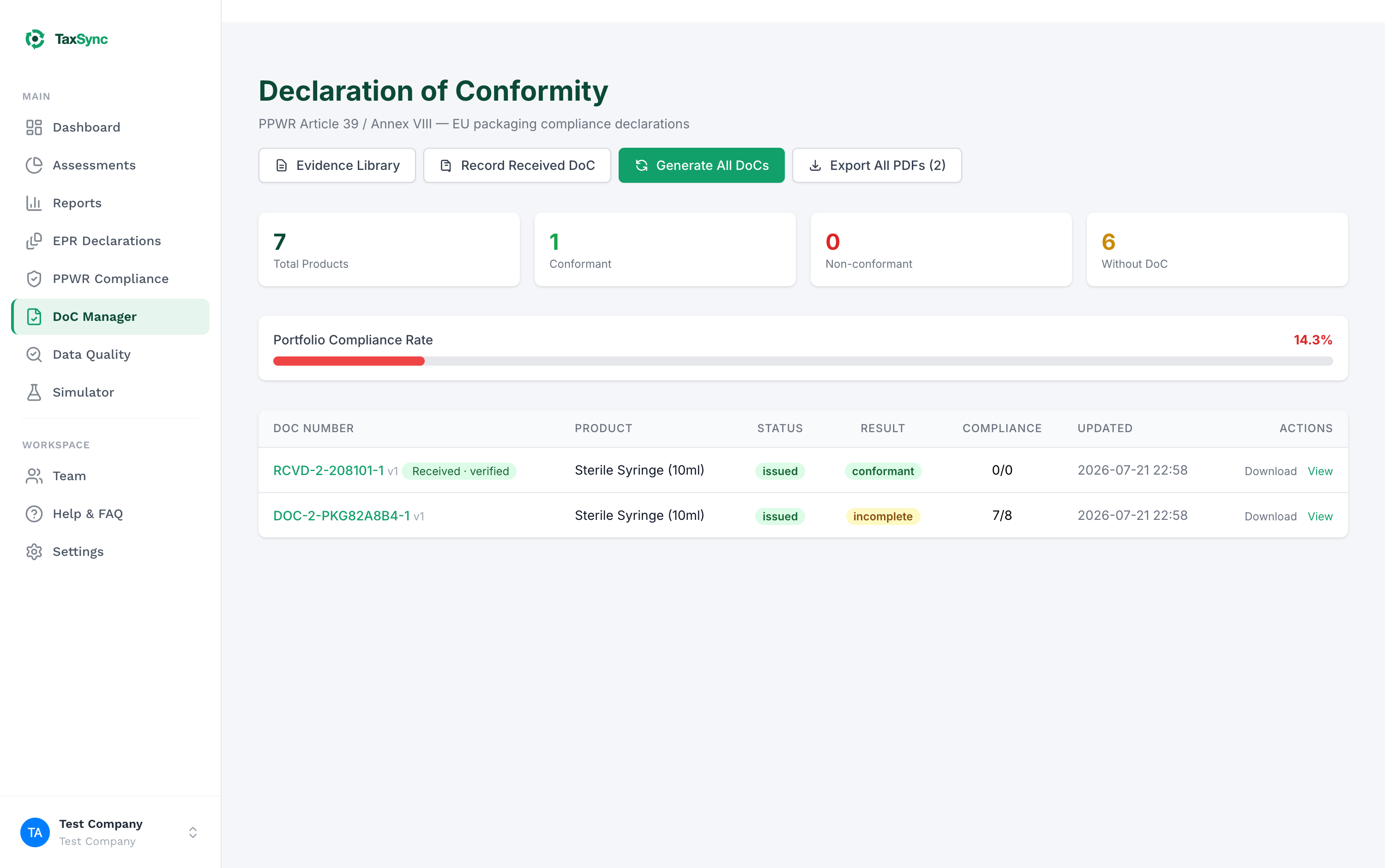 Declaration of Conformity manager with generated documents